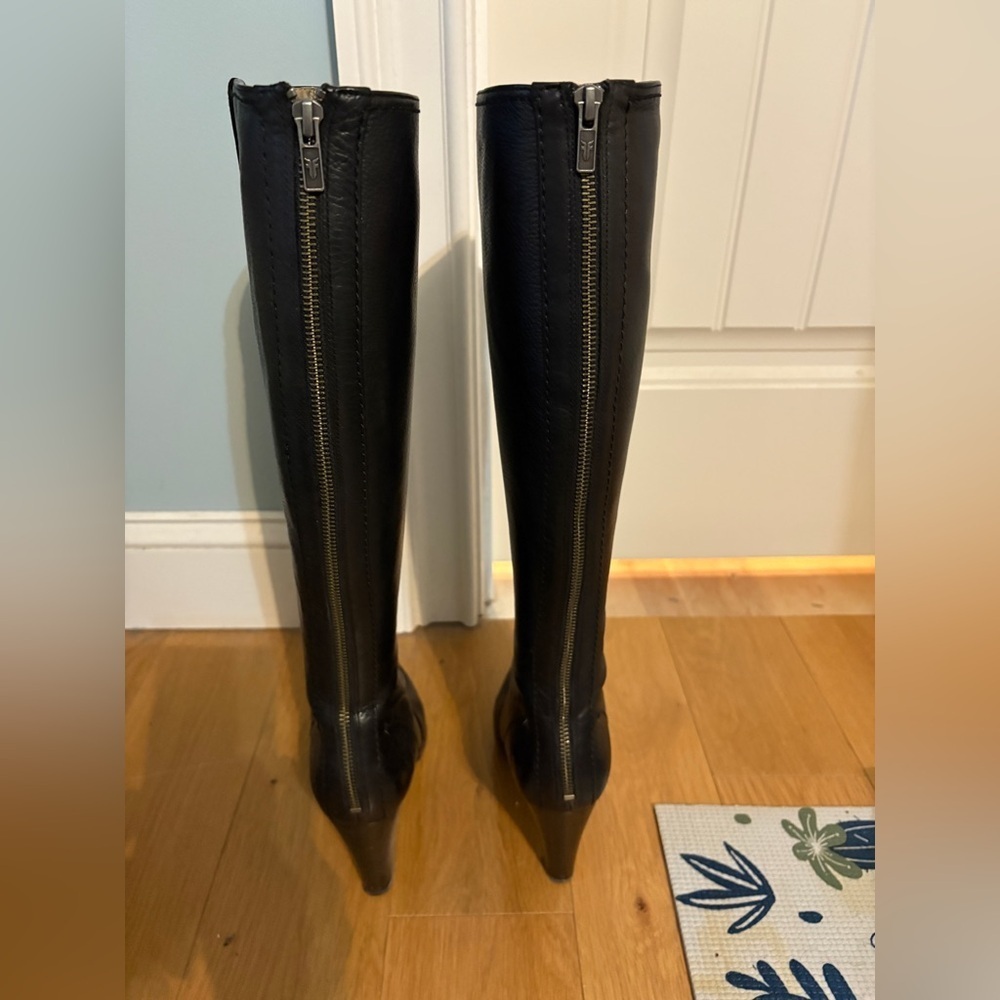Frye Marissa Black Leather Knee-High Heeled Boots - Picture 4 of 7